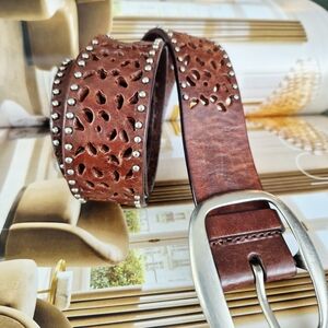 Buckle Brown Leather Studded Women's Belt